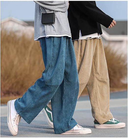 yoeasy Men Loose Elastic Waist Corduroy Pants Casual Drawstring